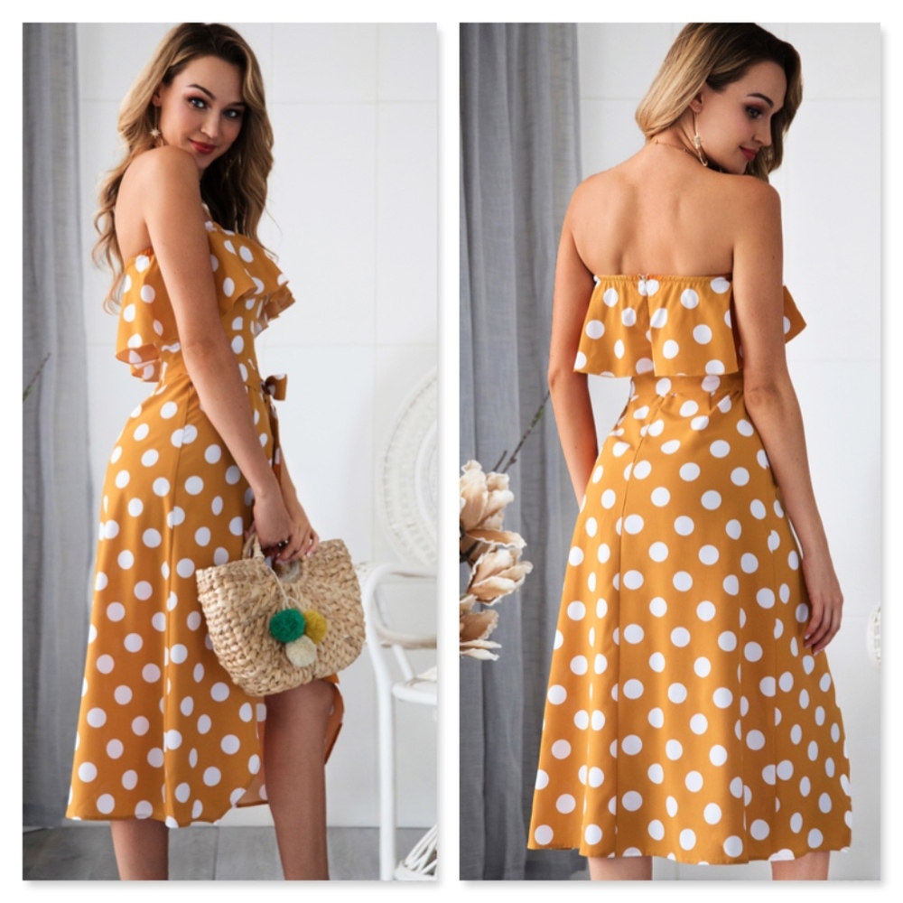 Polka Dot Strapless Flounce Midi Dress w/Slit - Picture 2 of 8